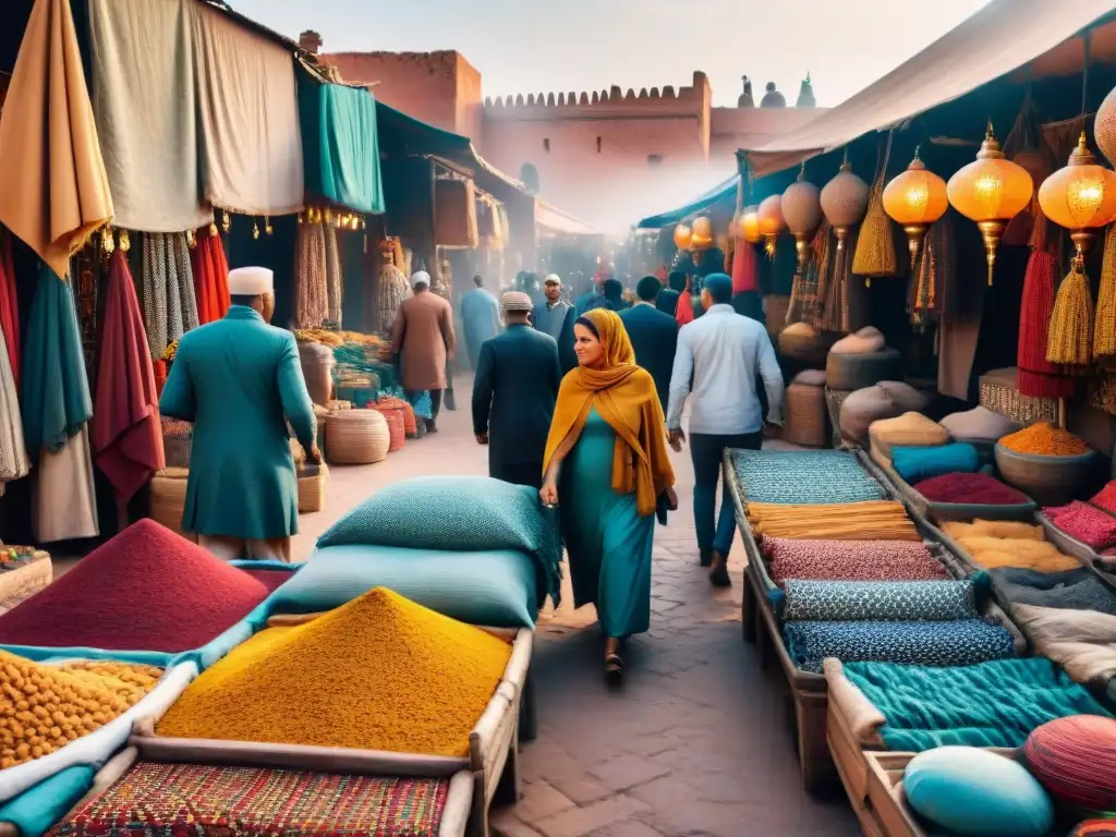 Alegre mercado en Marrakech con telas africanas: historia de la moda africana