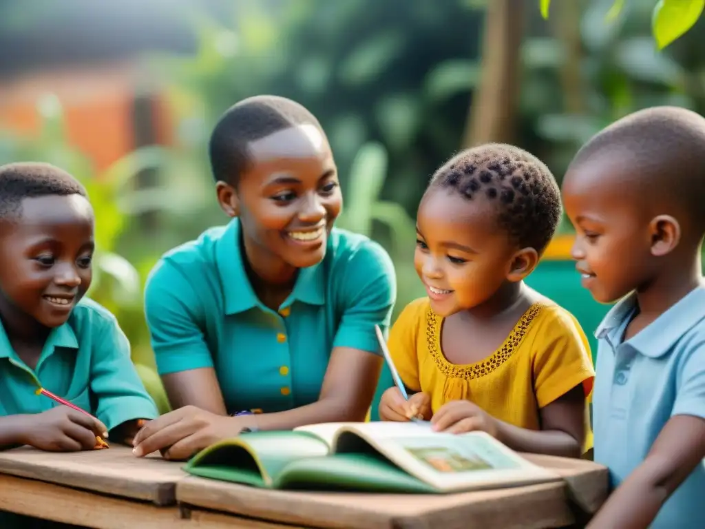 Un alegre salón al aire libre con niños africanos participando en una lección, rodeados de vegetación y materiales educativos coloridos