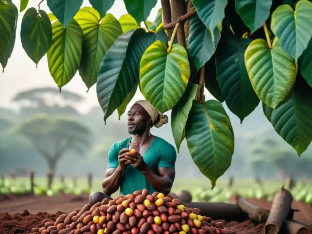 Alegres agricultores africanos cosechando cacao, beneficios cacao africano salud cardiovascular