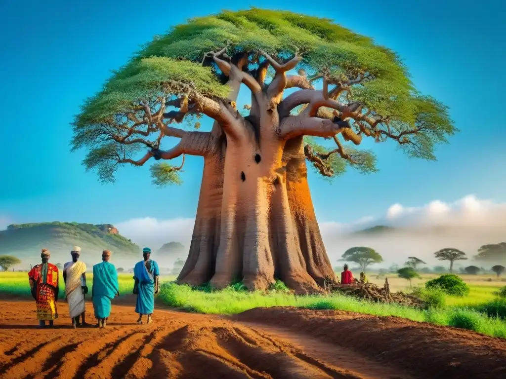 Alegres agricultores africanos practicando técnicas agrícolas ancestrales bajo un baobab en un campo verde exuberante