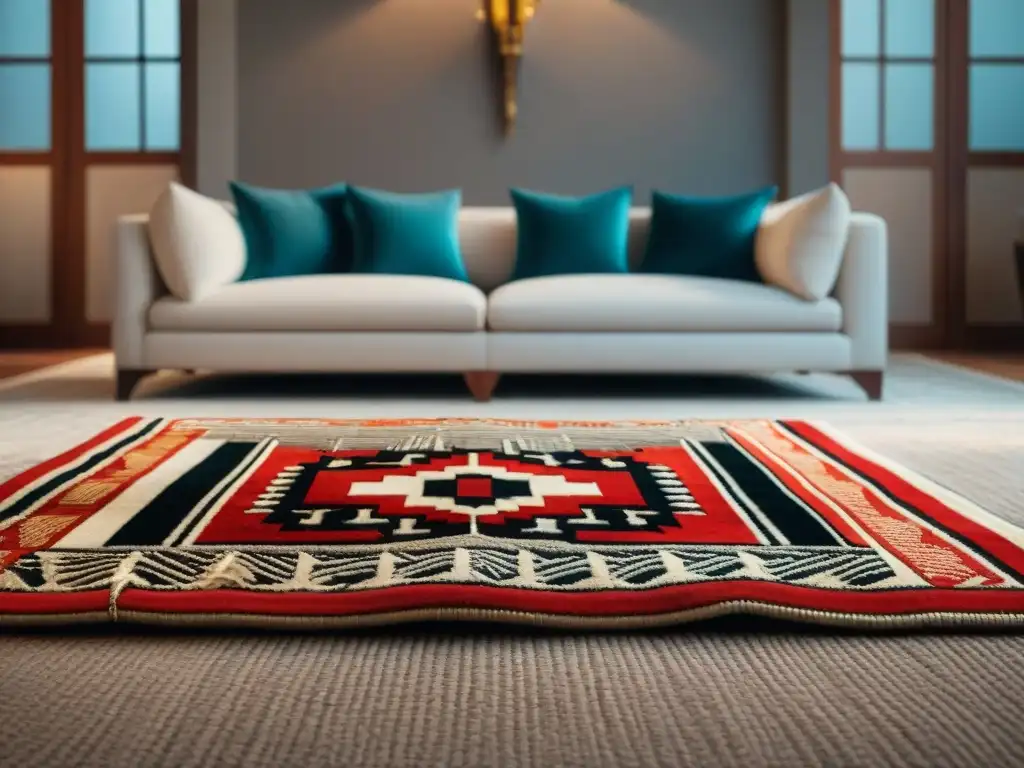 Alfombras africanas en interiorismo: Detalle de lujosa sala con alfombra tejida a mano, colores vibrantes y patrones intrincados