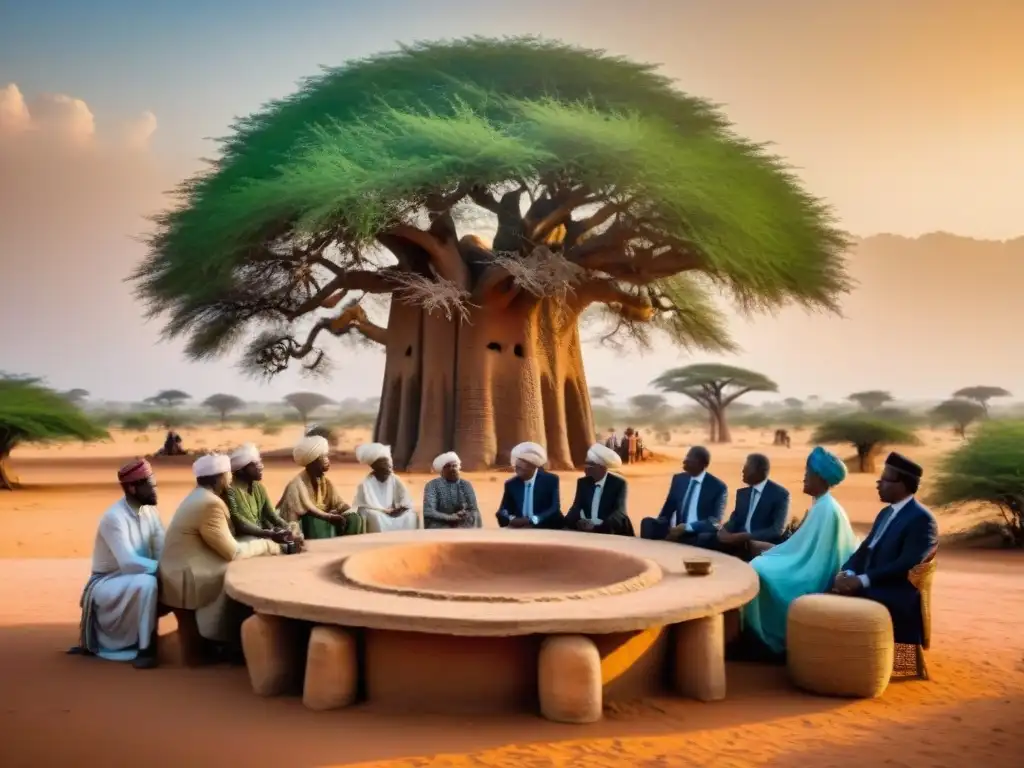 Alianzas diplomáticas entre imperios Sahel en profunda negociación bajo baobab centenario