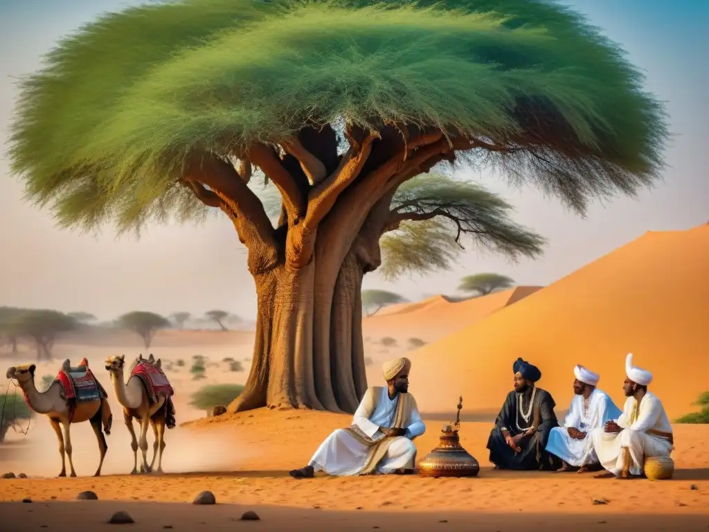 Alianzas diplomáticas imperios Sahel: Reunión de líderes históricos bajo un acacia, en paisaje desértico