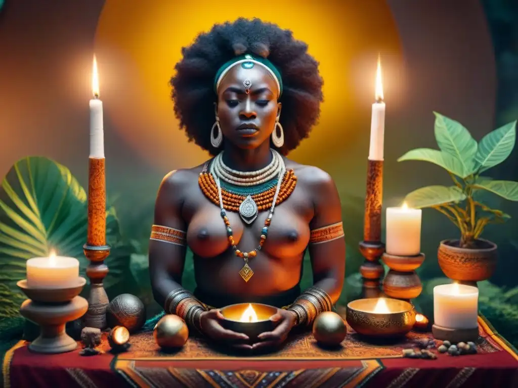 Un altar vudú africano detallado con objetos simbólicos, telas coloridas y velas encendidas, en un entorno natural al atardecer