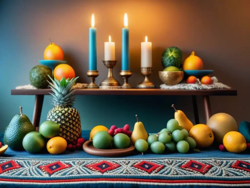 Un altar africano tradicional con ofrendas vibrantes en textiles ricos iluminados por luz natural