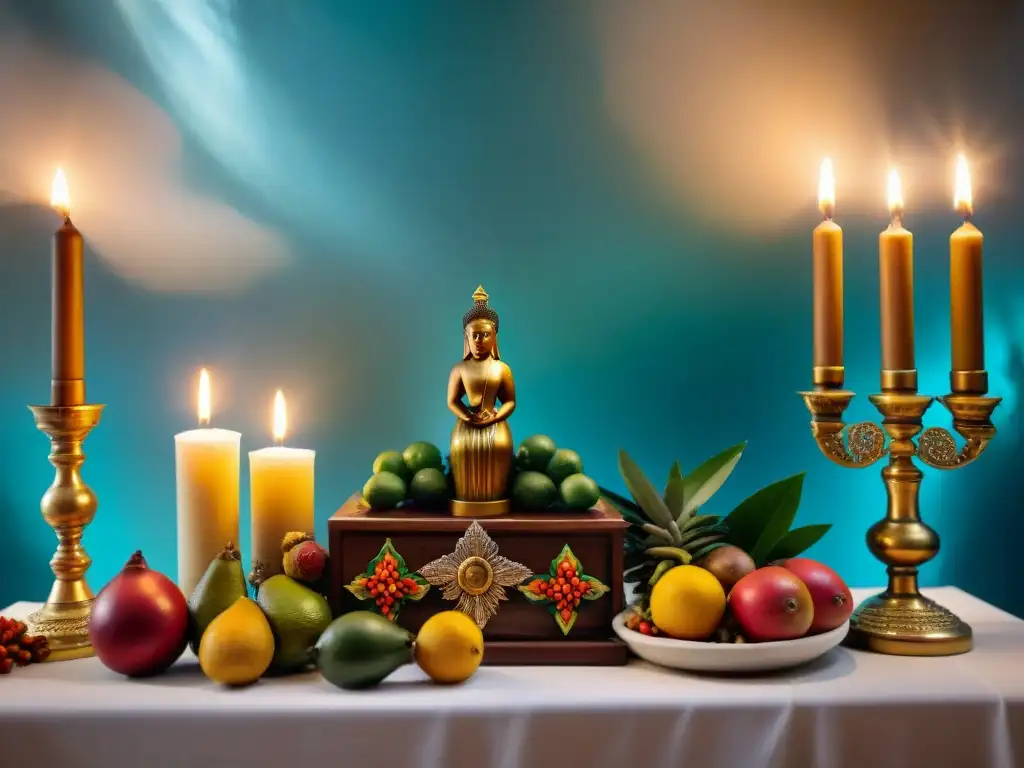 Un altar de Santería afrocubana detallado, con ofrendas coloridas de frutas, velas, flores y estatuas de Orishas y santos católicos