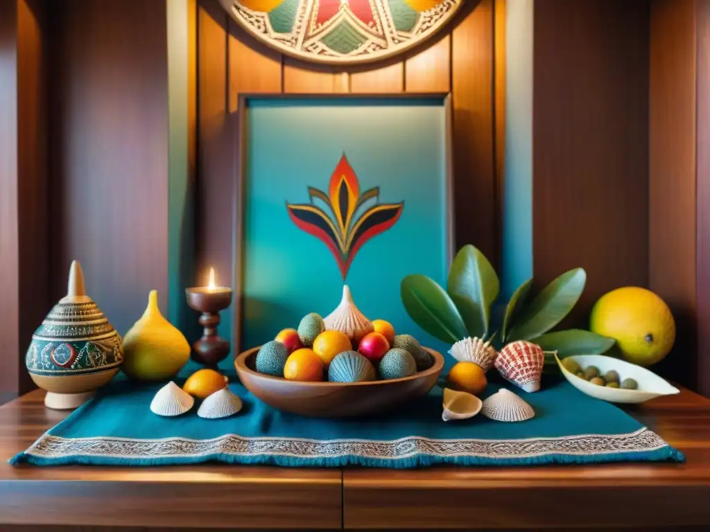 Un altar detallado de Mami Wata, con ofrendas coloridas y símbolos africanos, evocando su esencia espiritual y cultural