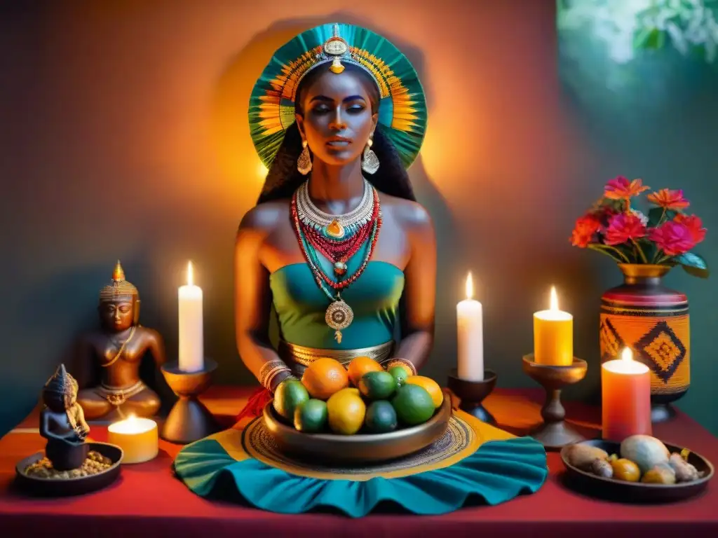 Un altar intrincado dedicado a los Orishas en un cuarto tenue, decorado con telas vibrantes, velas y ofrendas de frutas y flores