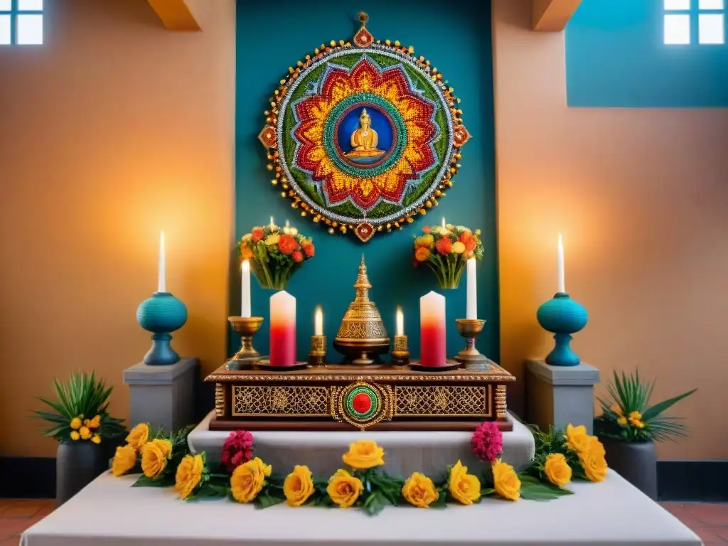 Altar colorido y simbólico en templo de Umbanda Altar intrincado en un templo de Umbanda, colores vibrantes y objetos simbólicos, representando sincretismo religioso en Brasil