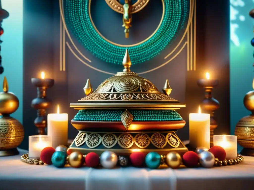 Un altar religioso Yoruba, con esculturas de cuentas vibrantes, ornamentos de latón y velas brillantes