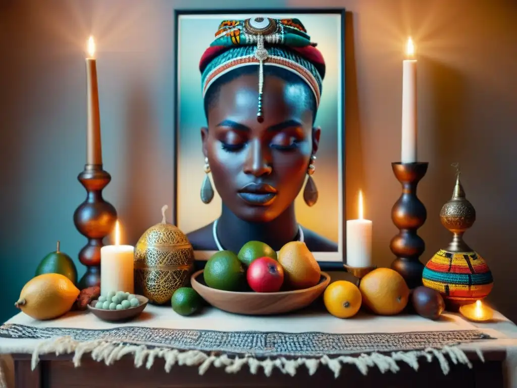 Un altar sagrado con ofrendas simbólicas de tradiciones espirituales africanas en una habitación tenue iluminada por velas