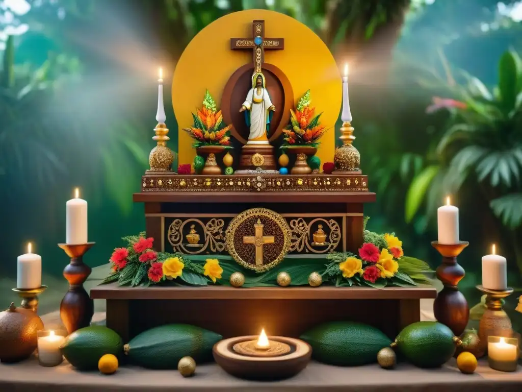 Altar Orixá tallado con detalle, ofrendas de frutas y velas, en vibrante comunidad Yoruba de Brasil