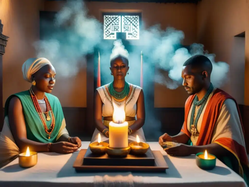 Un altar Yoruba vibrante en penumbra con devotos y una sacerdotisa liderando un ritual