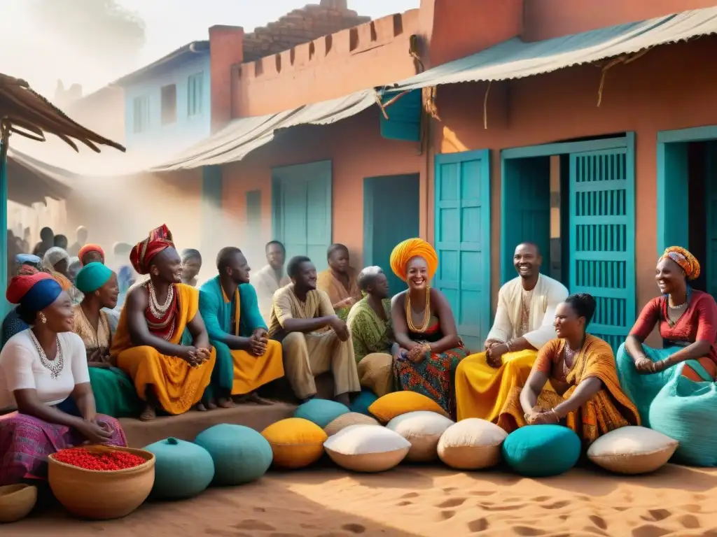 Una amalgama espiritual en un bullicioso mercado de una ciudad del África subsahariana, donde se mezclan colores, tradiciones y sonrisas