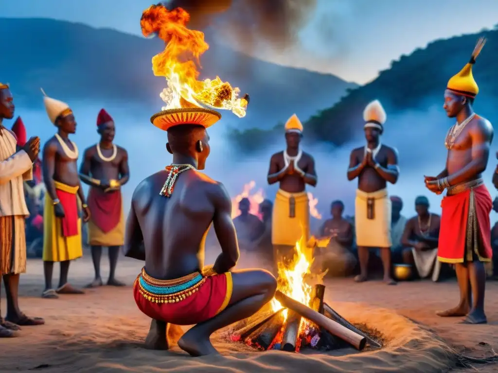 Amalgama espiritual en ceremonia africana bajo el cielo estrellado, con atuendos coloridos y rituales alrededor del fuego sagrado