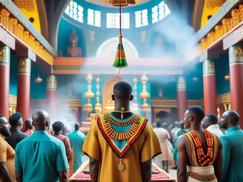 Una amalgama espiritual en África subsahariana: Ceremonia vibrante y colorida en un templo africano bullicioso