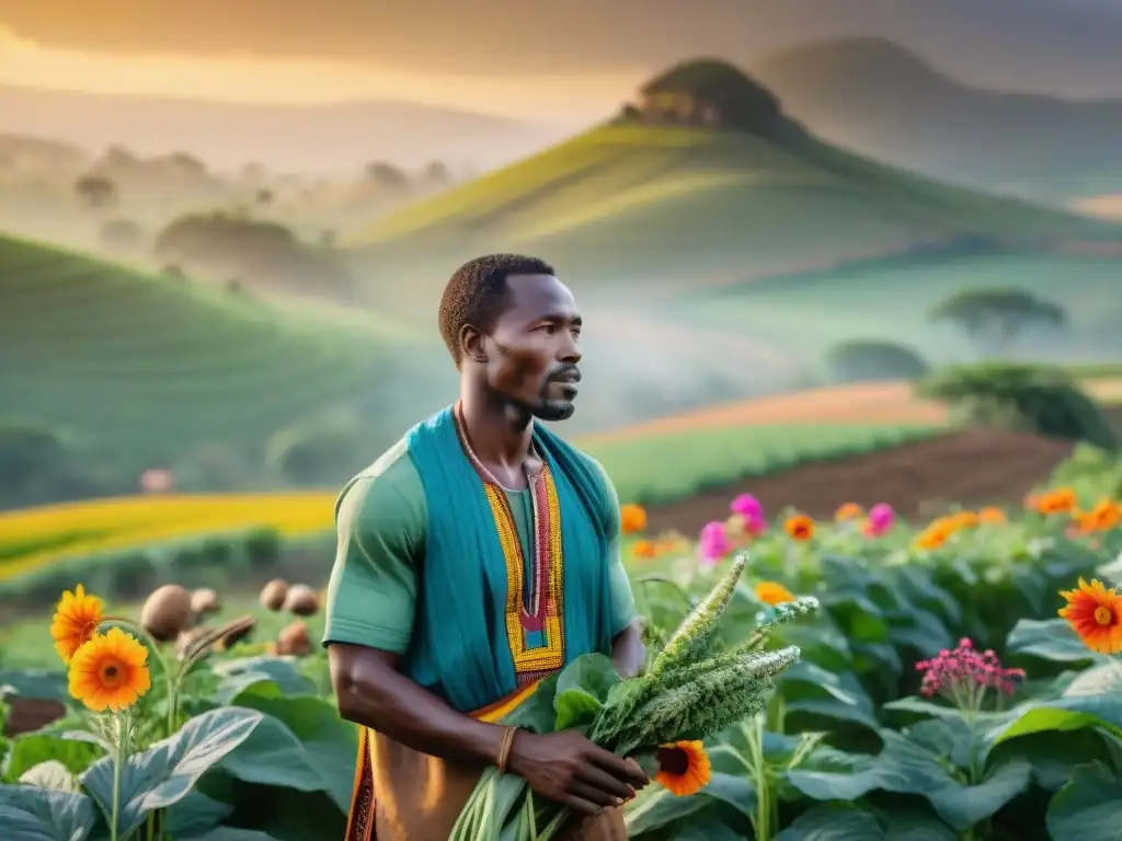 Un amanecer de agricultura y espiritualidad en África, con granja fértil y ceremonia sagrada