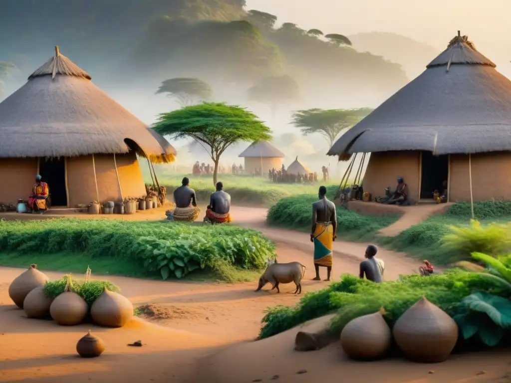 Un amanecer en una aldea africana tradicional, con huts de barro y paja decorados, rodeada de vegetación exuberante y actividad diaria