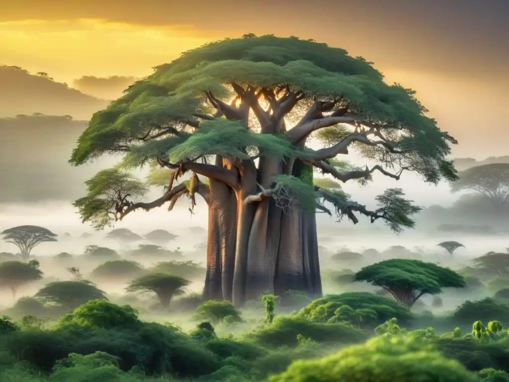 Un amanecer dorado en la sabana africana con baobabs y moringas, superalimentos africanos