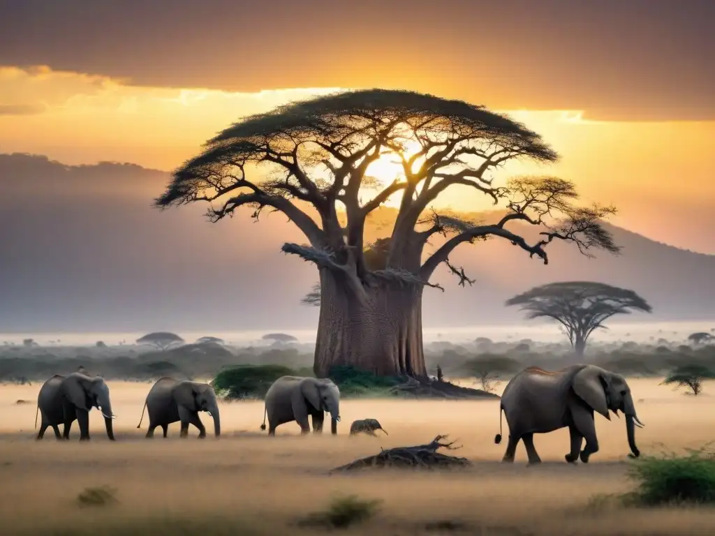 Un amanecer dorado en la vasta sabana africana con un solitario árbol de Baobab y elefantes pastando