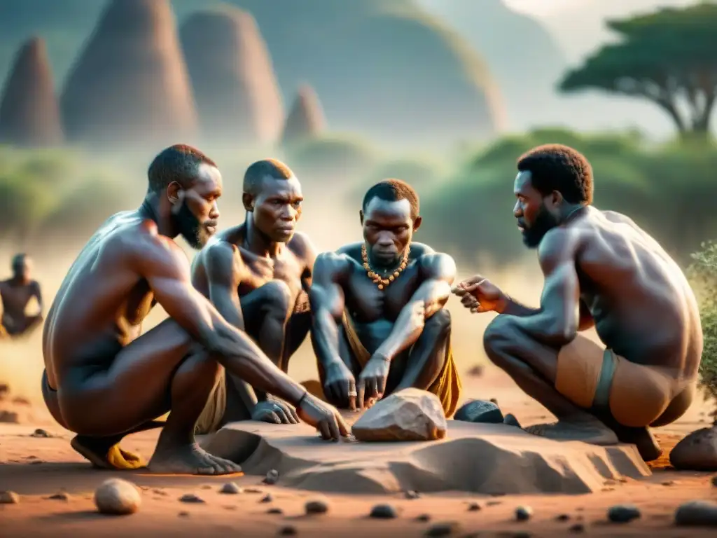 El amanecer de la humanidad: grupo de ancestros en África elaborando herramientas de piedra con diseños exquisitos