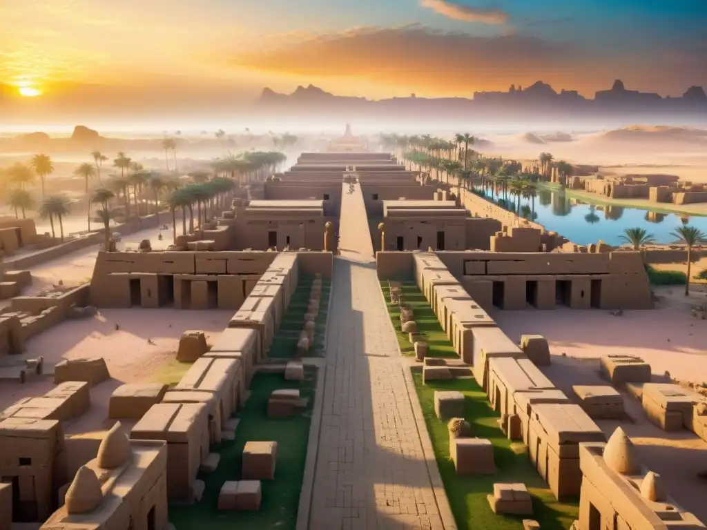 Un amanecer majestuoso en el complejo del Templo de Karnak, con columnas imponentes, jeroglíficos detallados y un cielo vibrante