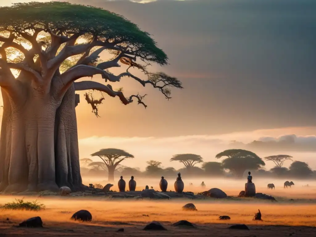 Un amanecer místico en la sabana africana con baobab y tumbas antiguas