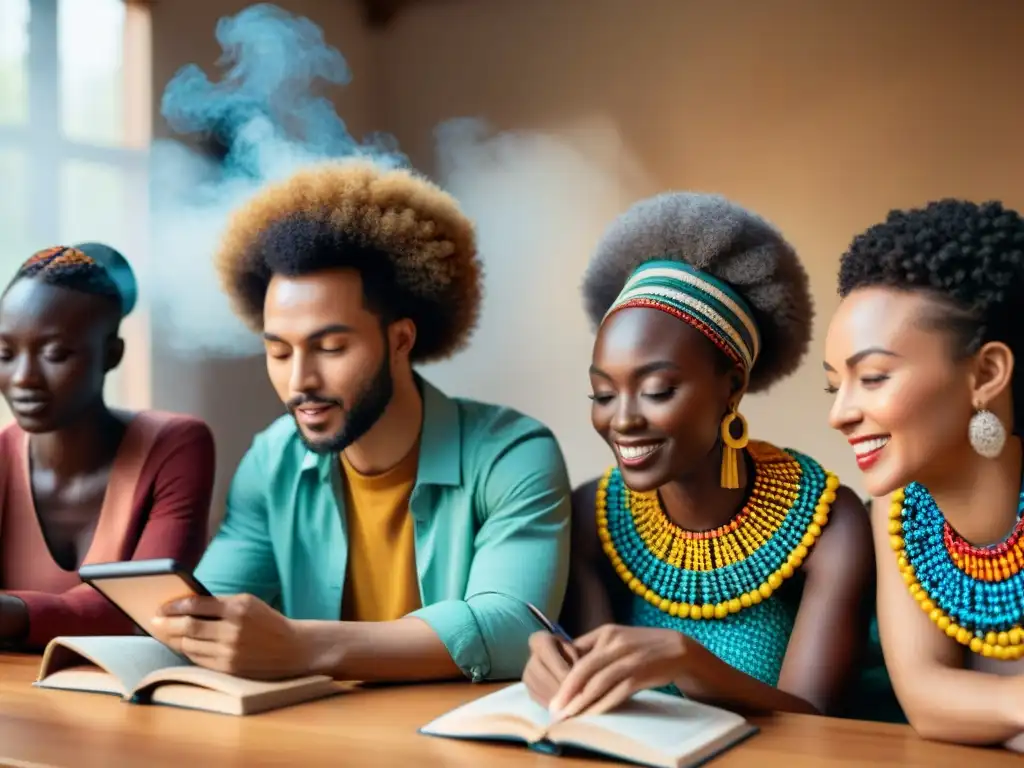 Un ambiente vibrante de aprendizaje de idiomas africanos autóctonos, fusionando tradición y tecnología