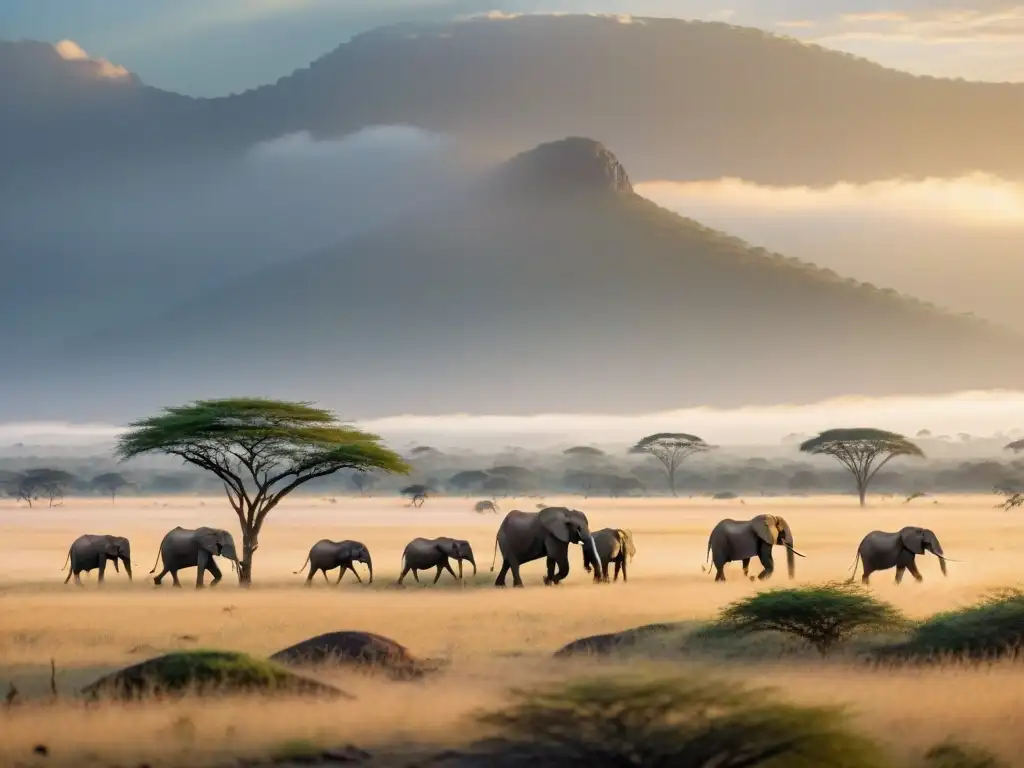 Mañana dorada en la sabana africana: elefantes en armonía Amplia sabana africana al amanecer, con elefantes, cebras, ñus y un león