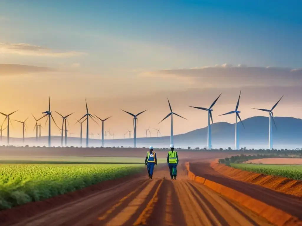 Amplias oportunidades inversión energía renovable en África: paisaje africano con molinos de viento, trabajadores locales y atardecer dorado