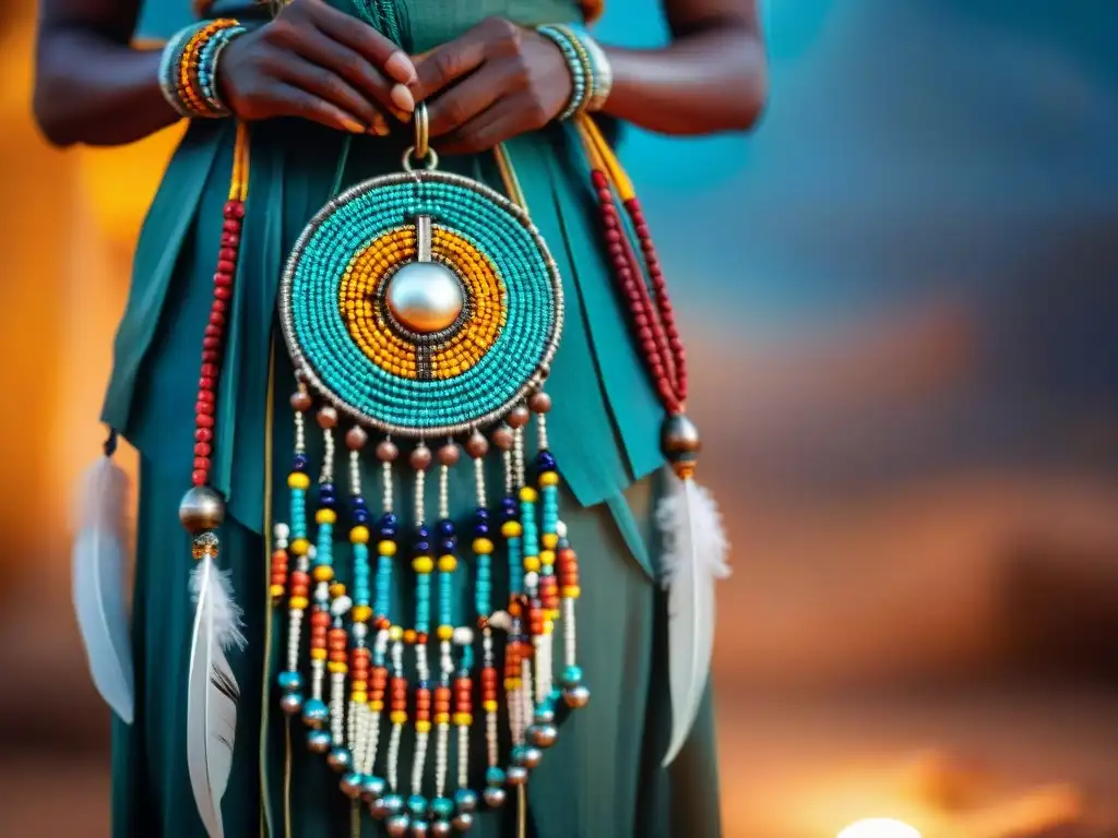 Un amuleto africano tradicional con cuentas y plumas coloridas, rodeado de una aldea africana y una luz suave