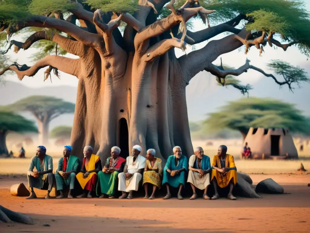 'Conversación ancestral bajo el baobab en una aldea africana, reflejando sabiduría y reverencia en prácticas espirituales