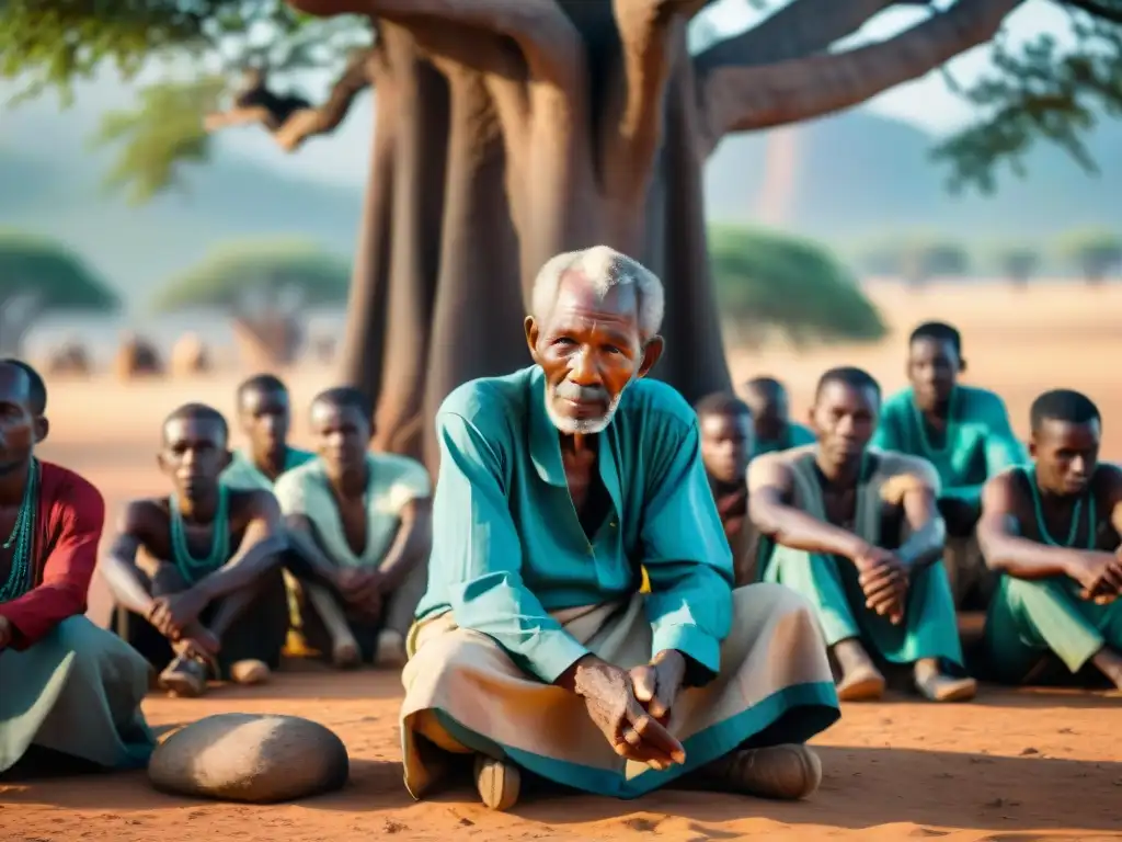 Ancestral sabiduría: anciano africano comparte enseñanzas bajo baobab en aldea, resaltando Importancia de Ancianos en África