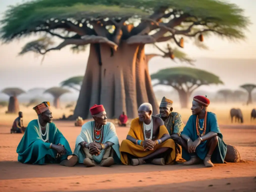 Conversación ancestral entre ancianos de diferentes tribus de África Central bajo un baobab, transmitiendo sabiduría y tradición