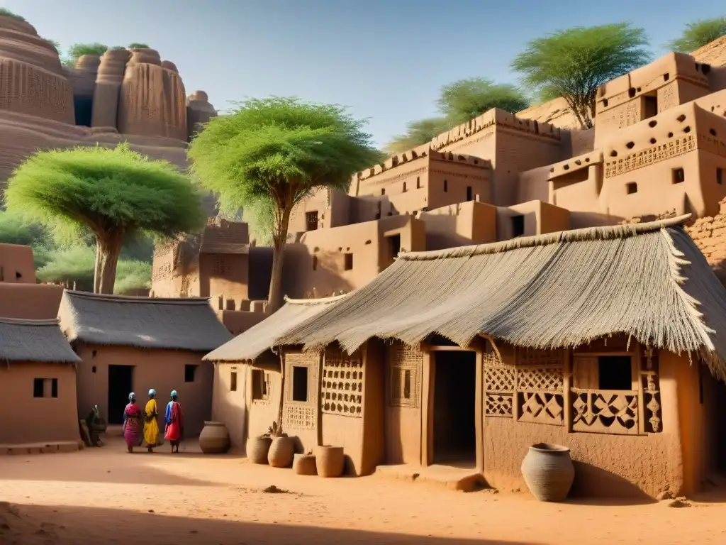 La ancestral arquitectura sostenible del pueblo Dogon en Mali destaca en tonos tierra y cielo azul, con sus patrones geométricos y soportes de madera