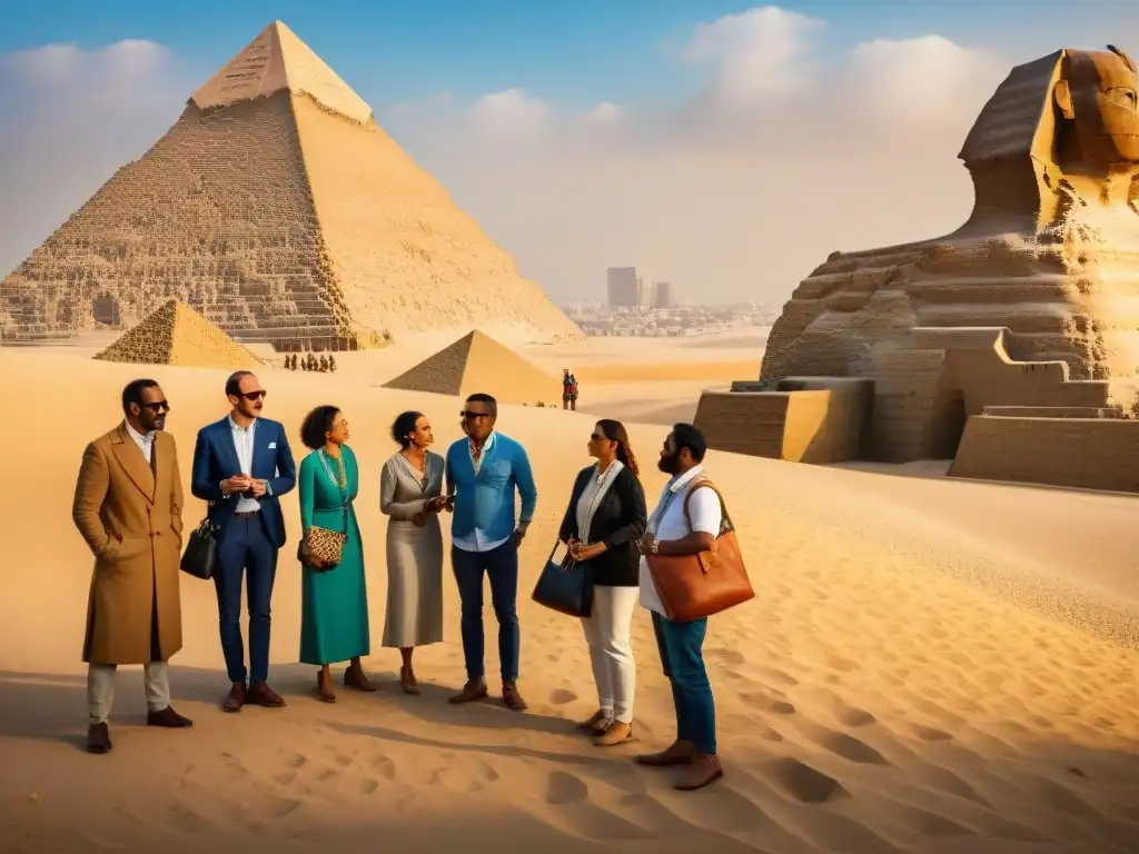 Un guía ancestral relata la historia de las antiguas civilizaciones africanas a turistas frente a la Gran Esfinge de Giza al atardecer