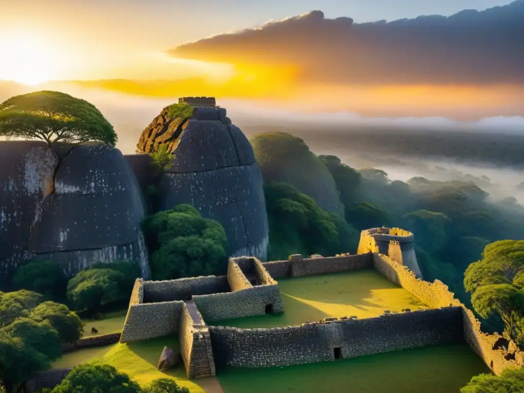 Ingeniería ancestral en murallas de Zimbabwe, con la cálida luz del atardecer sobre las antiguas ruinas