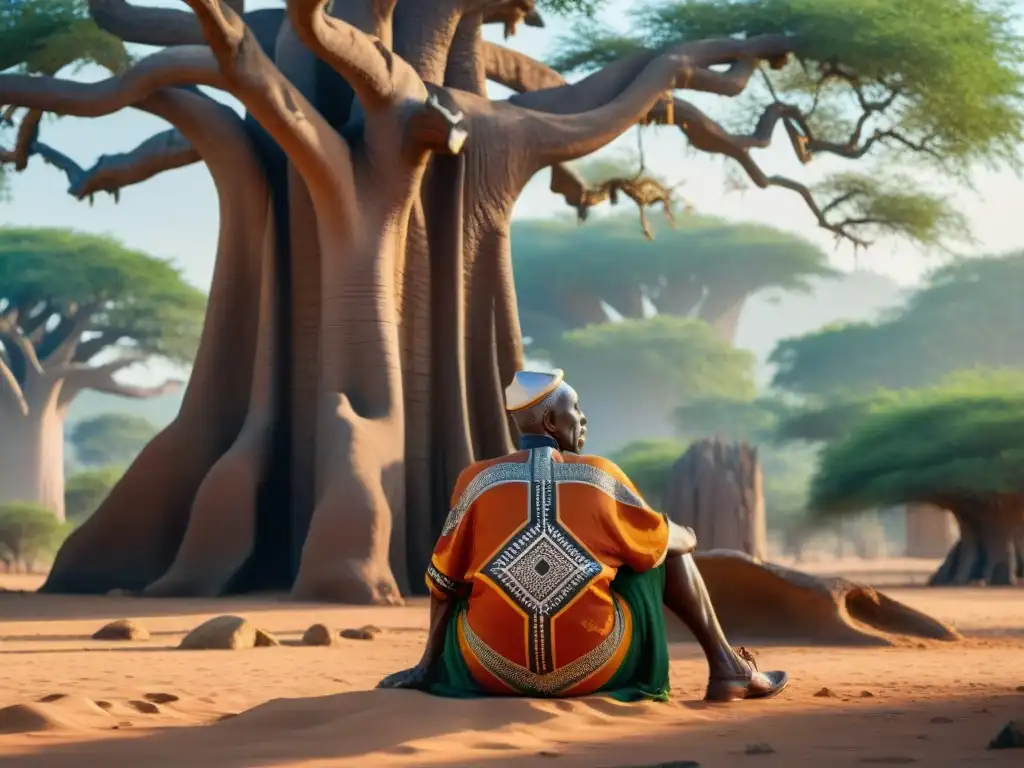 Ancestral sabiduría bajo baobab con simbolismo escritura alfabeto África