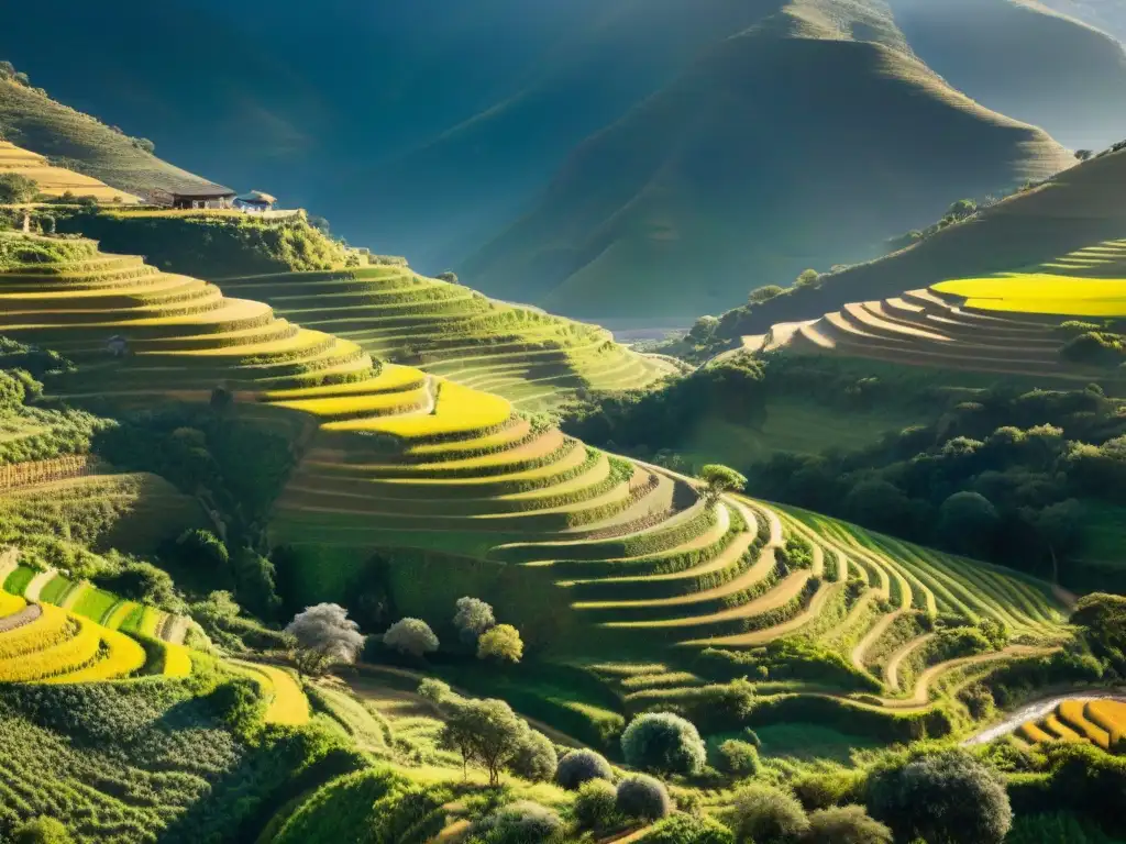 Ingeniería ancestral en terrazas agrícolas de África, agricultores cuidando cosechas al atardecer