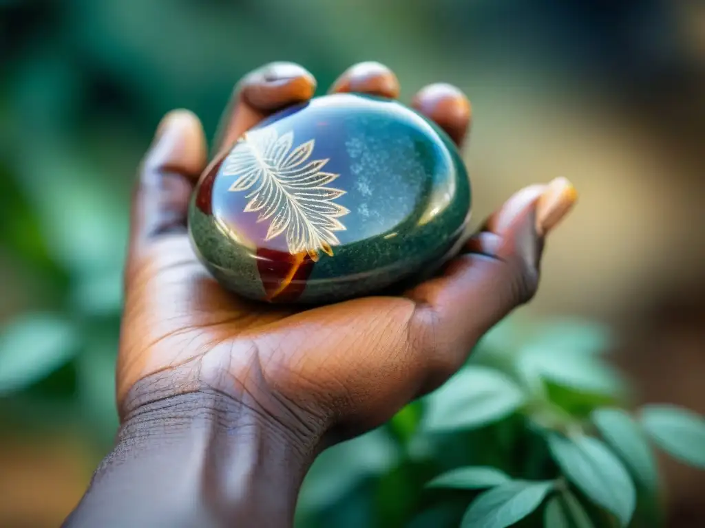 Las ancestrales terapias africanas se revelan en la mano del sanador, que sostiene una piedra curativa con grabados y colores vibrantes