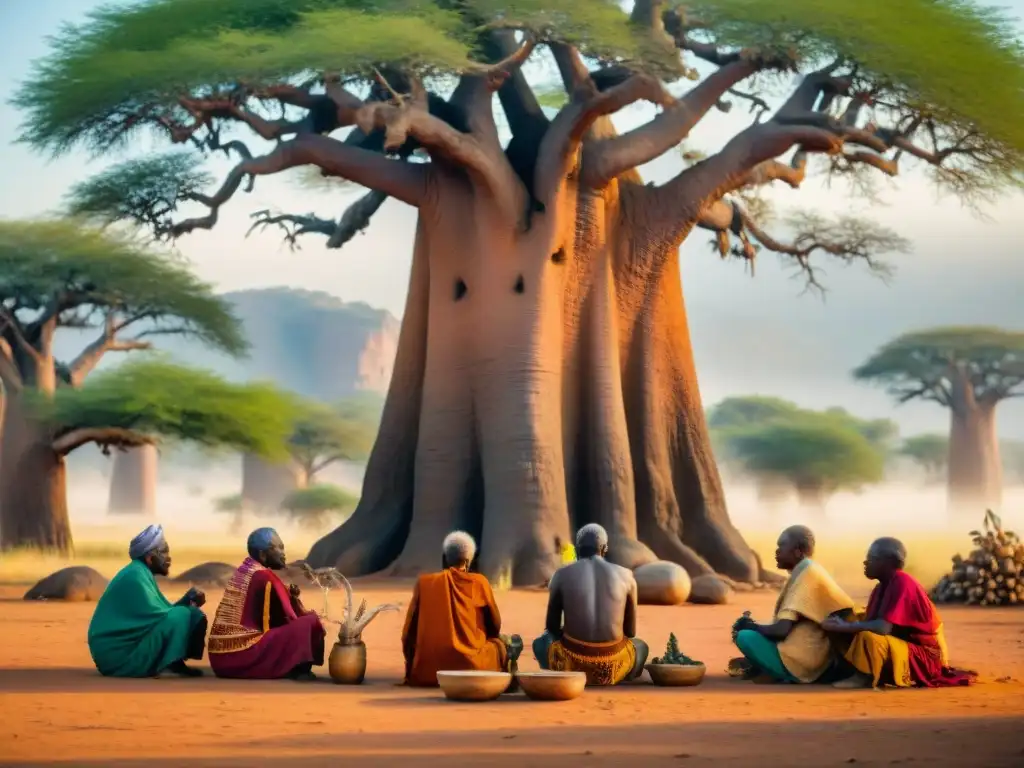 Ancestros en la vida africana: Sabiduría y tradición se entrelazan bajo el baobab en una escena llena de color y experiencia