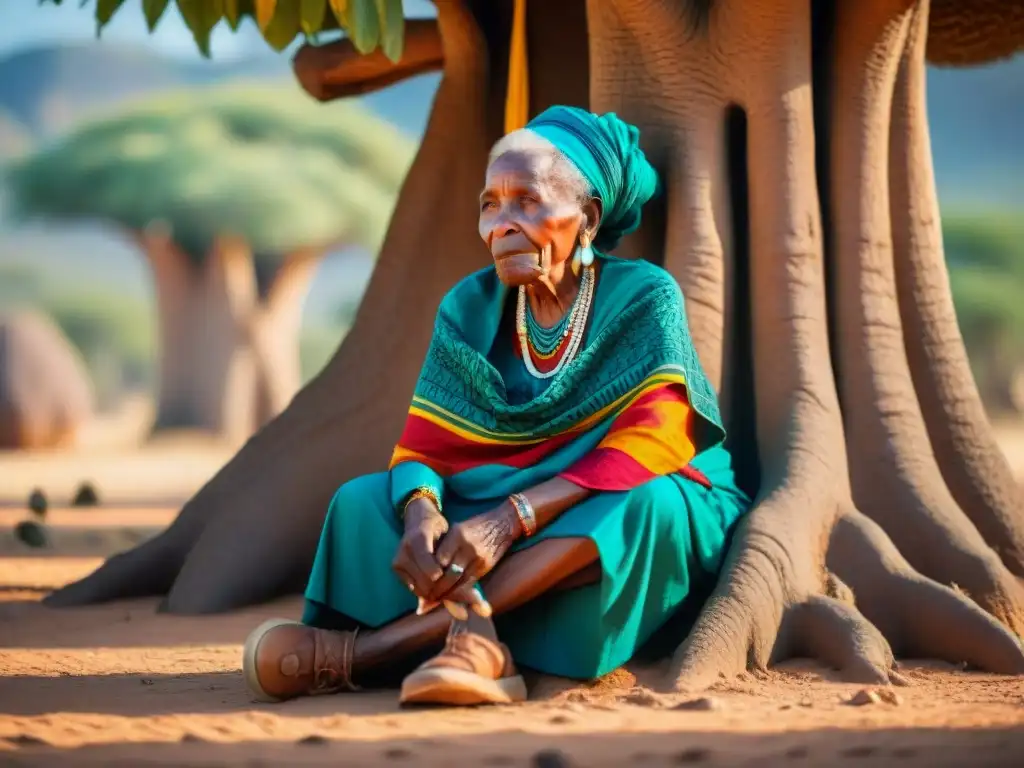 Una anciana africana tejiendo bajo un baobab, reflejando la influencia de las lenguas africanas en el mundo