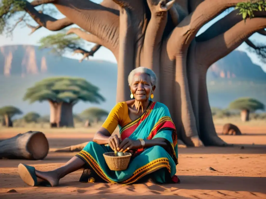 Una anciana africana tejiendo bajo un baobab, rodeada de naturaleza y textiles coloridos, evocando la fuerza mental en civilizaciones africanas