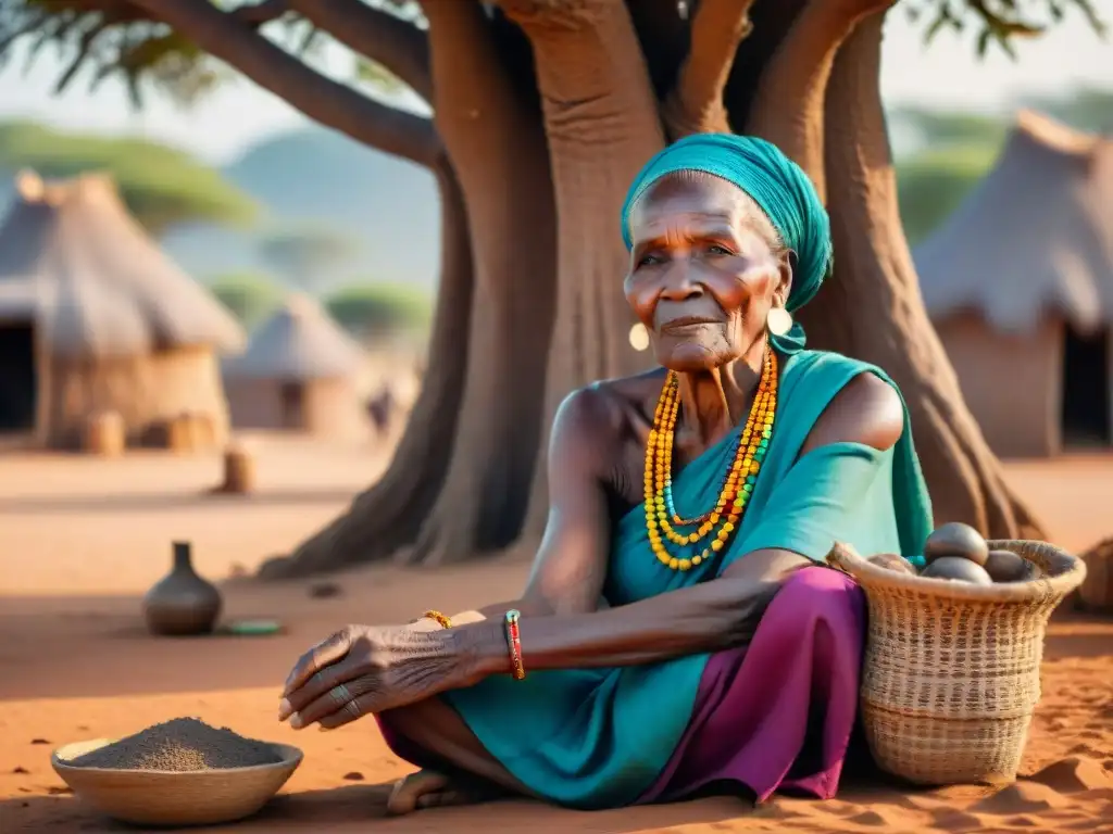 Una anciana africana tejiendo bajo un baobab, rodeada de tradición y sabiduría