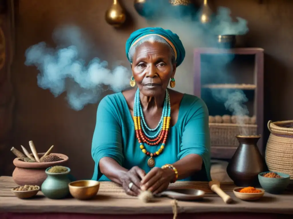 Una anciana africana con cicatrices faciales intrincadas realiza un ritual de sanación en un cuarto lleno de hierbas y herramientas tradicionales, emanando sabiduría y conexiones espirituales