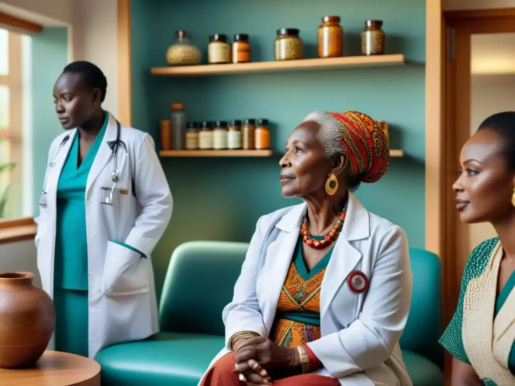 Una anciana africana con cicatrices faciales y atuendo tradicional en sala de espera moderna, donde médico africano atiende a niño africano