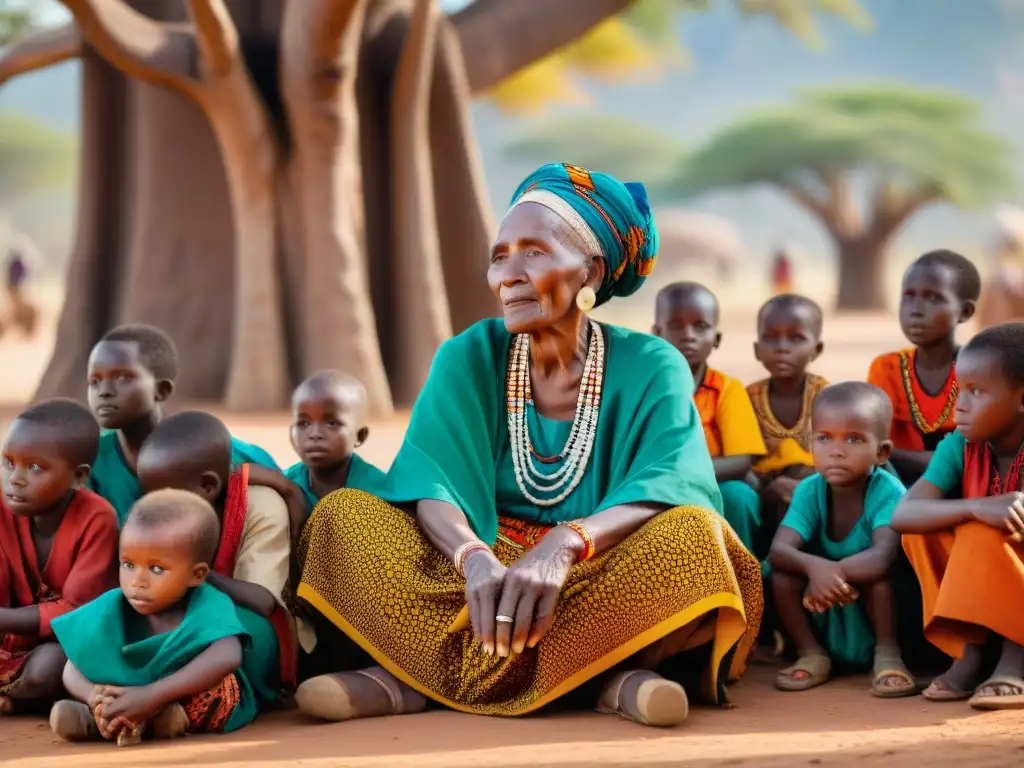 Anciana africana relata cuentos a niños bajo baobab, preservación patrimonio inmaterial africano