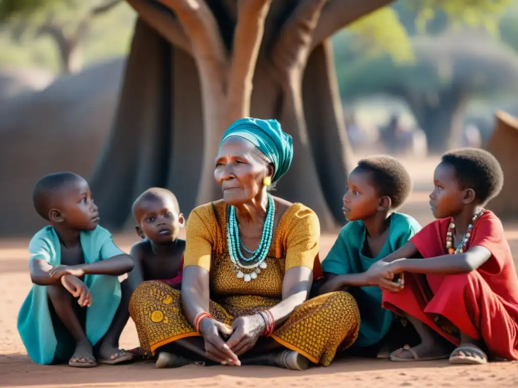 Anciana africana con decorativas cicatrices faciales, cuenta historias a niños bajo un baobab