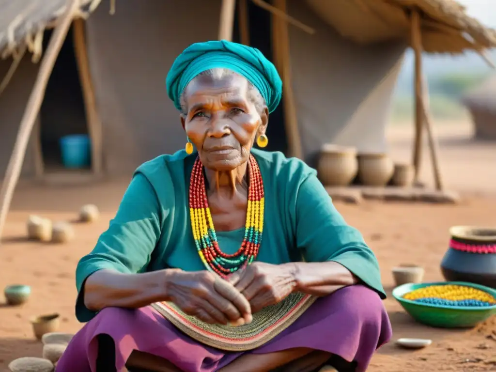 Una anciana africana teje con destreza cuentas coloridas en un entorno desafiante