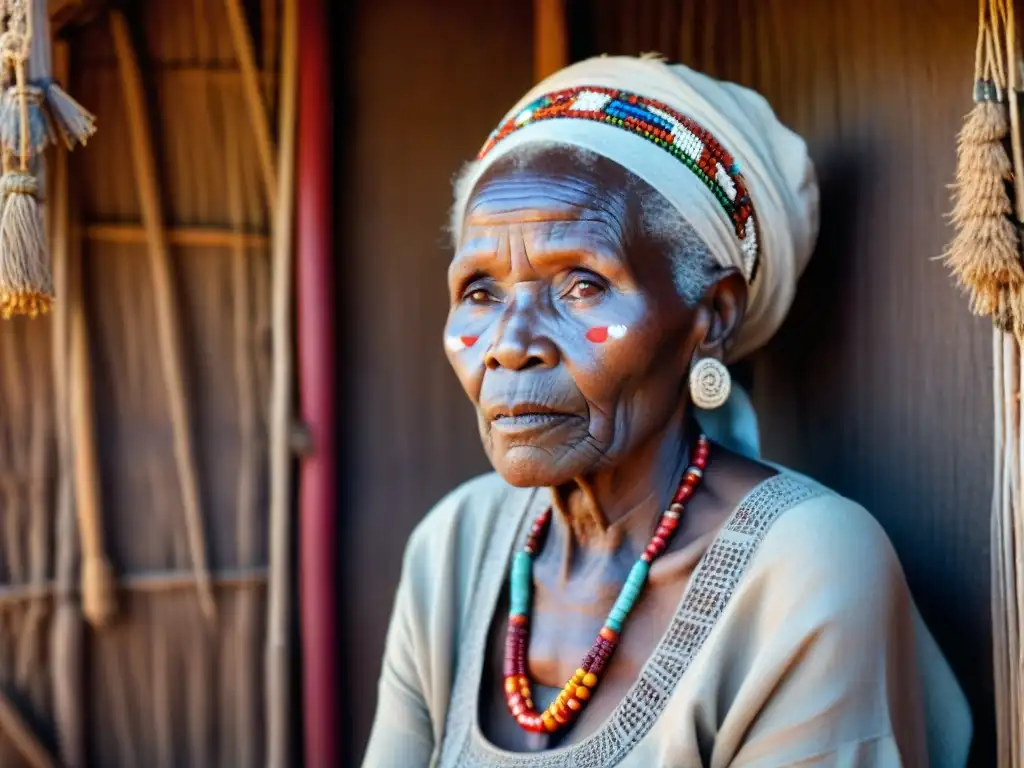 Anciana africana con escarificaciones faciales, vistiendo atuendo tradicional y rodeada de símbolos tribales en una choza